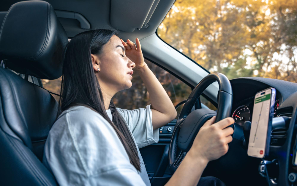 Mulher dirigindo carro com expressão de cansaço, sinalizando fadiga ao volante.