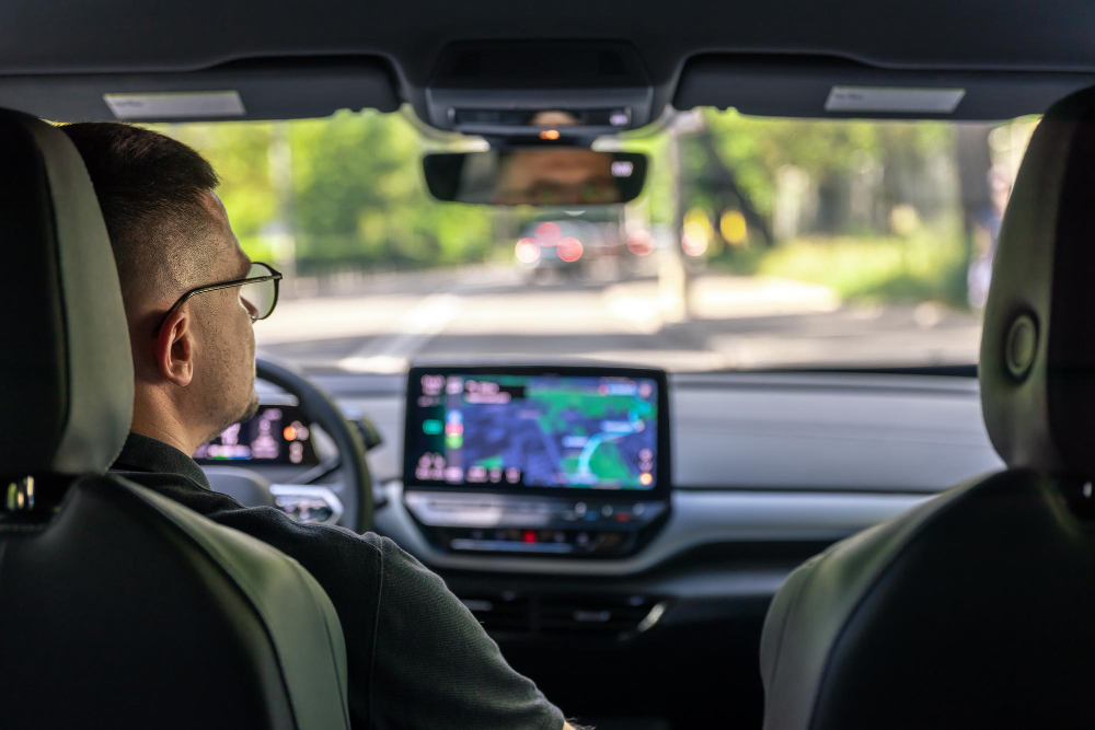 Motorista dirigindo com auxílio de GPS em carro moderno, utilizando tecnologia de navegação para condução segura no trânsito urbano.