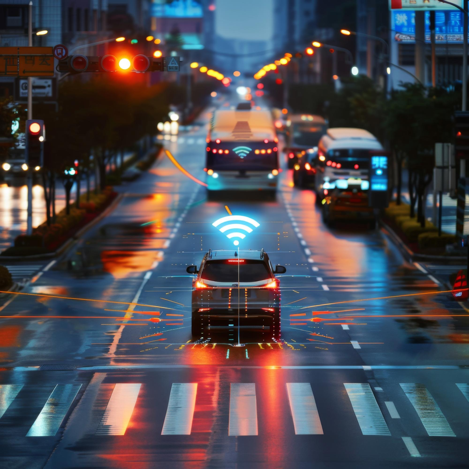 Cena urbana à noite com pista molhada refletindo as luzes da cidade. Um carro autônomo está no centro da imagem, identificado por um ícone de sinal de Wi-Fi sobre o teto e elementos gráficos que simulam sensores e conectividade. Ônibus e outros veículos circulam ao fundo, em uma via movimentada com semáforos acesos e prédios iluminados. A imagem sugere o uso de tecnologia inteligente no trânsito urbano.